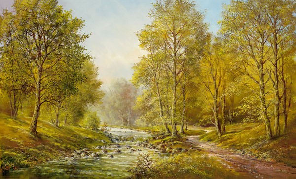 Helmut Glassl, SOFT MORNING LIGHT (Malerei, Landschaften, Natur,    Bach, Wanderweg, Pfad, Einsamkeit, Idylle, Ruhe, Bäume, Nostalgie, Wohnzimmer, Treppenhaus, Wunschgröße, bunt)
