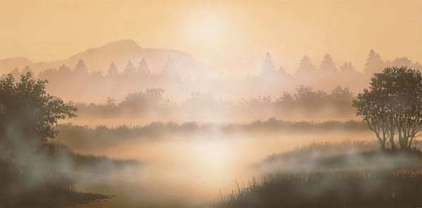 Peter Walsh, MISTY WATERS (Malerei, Landschaft, Natur mystisch, Flusslandschaft, Sonnenlicht, Sonnenstrahlen, Dunst, Nebel, diffus, Lichtspiel, Treppenhaus, Schlafzimmer, Wohnzimmer, Wunschgröße, bunt)