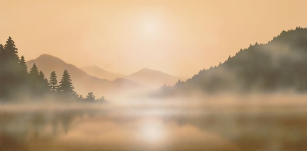 Peter Walsh, MOUNTAIN MIST (Malerei, Landschaft, Natur mystisch, Flusslandschaft, Berge, Sonnenlicht, Sonnenstrahlen, Dunst, Nebel, diffus, Lichtspiel, Treppenhaus, Schlafzimmer, Wohnzimmer, Wunschgröße, bunt)