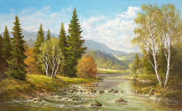 Helmut Glassl, RIVER TISA BY RACHOV (Malerei, Landschaften, Natur,    Birken, Fluss, Hügel, Einsamkeit, Idylle, Ruhe, Bäume, Nostalgie, Wohnzimmer, Treppenhaus, Wunschgröße, bunt)