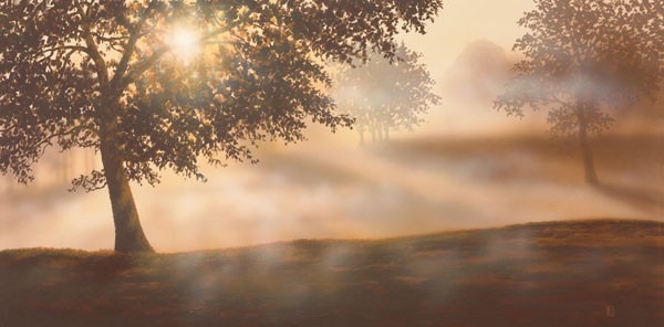Peter Walsh, RURAL STUDY I (Malerei, Landschaft, Natur, Bäume, mystisch, Morgendunst, Sonnenlicht, Sonnenstrahlen, Dunst, Nebel, diffus, Lichtspiel, Treppenhaus, Schlafzimmer, Wohnzimmer, Wunschgröße, bunt)