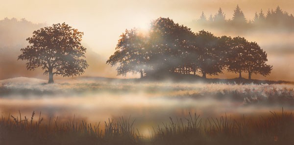 Peter Walsh, RURAL STUDY II (Malerei, Landschaft, Natur, Bäume, mystisch, Morgendunst, Sonnenlicht, Sonnenstrahlen, Dunst, Nebel, diffus, Lichtspiel, Treppenhaus, Schlafzimmer, Wohnzimmer, Wunschgröße, bunt)