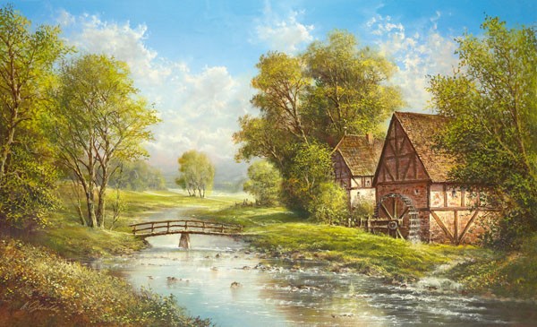 Helmut Glassl, MILL AT THE RIVER (Malerei, Mühle, Wassermühle, Fluss, Flusslandschaft, Landschaften, Natur, Wald, Idylle, Ruhe, Bäume, Wunschgröße, Wohnzimmer, Treppenhaus, bunt)