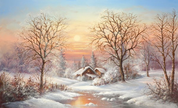 Helmut Glassl, COSY WINTER (Malerei, Landschaften, Natur, Wald, Winter, Schnee, Fluss, Hütte, Dämmerung, Idylle, Ruhe, Bäume, Einsamkeit, Wohnzimmer, Treppenhaus, Wunschgröße, bunt)