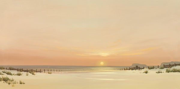 Spencer Lee, DISTANT SHORES I (Meeresbrise, Landschaften, Horizont, Küste, Felsen, Strand, Sand, Sonne, Sonnenuntergang, Büro, Wohnzimmer, Malerei, Wunschgröße, bunt)