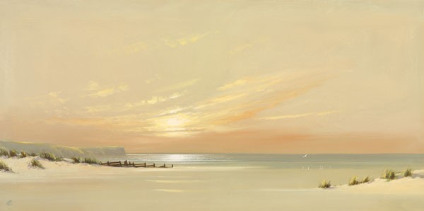 Spencer Lee, DISTANT SHORES II (Meeresbrise, Landschaften, Horizont, Küste, Felsen, Strand, Sand, Sonne, Sonnenuntergang, Büro, Wohnzimmer, Malerei, Wunschgröße, bunt)