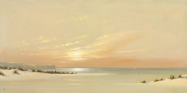 Spencer Lee, DISTANT SHORES II (Meeresbrise, Landschaften, Horizont, Küste, Felsen, Strand, Sand, Sonne, Sonnenuntergang, Büro, Wohnzimmer, Malerei, Wunschgröße, bunt)