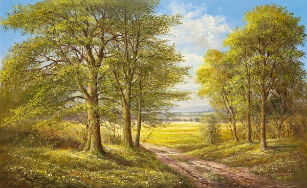Helmut Glassl, ROMANTIC LANE II (Malerei, Landschaften, Natur,    Bäume, Wanderweg, Pfad, Einsamkeit, Idylle, Ruhe, Bäume, Nostalgie, Wohnzimmer, Treppenhaus, Wunschgröße, bunt)
