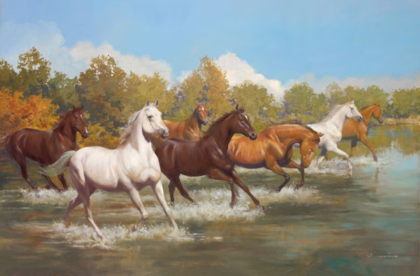 Spartaco Lombardo, STAMPEDE (Pferde, Tiere, Kraft, Energie, Freiheit, Wunschgröße, Tierprotraits, naturalisitisch, Malerei, Wohnzimmer, Treppenhaus, Jugendzimmer, bunt)