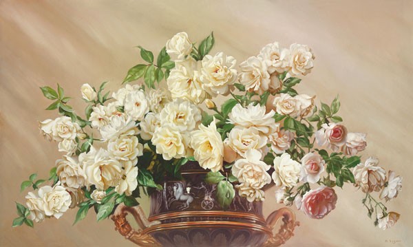 Igor Buzin, WHITE ROSES (Stillleben, Blumenschale, Pokal, edel, Rosen, Bouquet, Blumen,  Floral, Blüten, Gesteck, zeitgenössisch, Malerei, Wohnzimmer, Esszimmer, Wunschgröße)