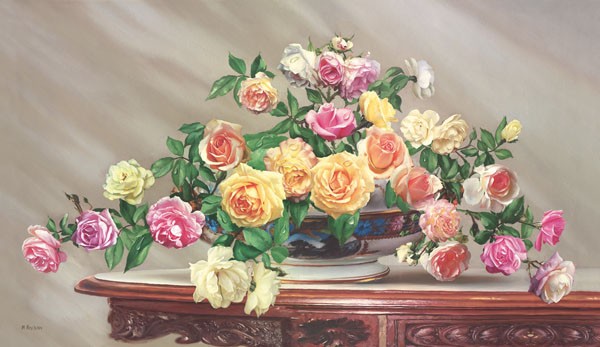 Igor Buzin, BOUQUET OF ROSES (Stillleben, Blumenschale,  edel, Rosen, Bouquet, Blumen,  Floral, Blüten, Gesteck, zeitgenössisch, Malerei, Wohnzimmer, Esszimmer, Wunschgröße)