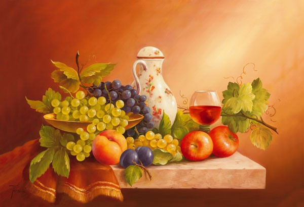 Fasani, STILL LIFE WITH FRUITS II (Malerei, Stilleben, Früchte, Obst, Trauben,  Äpfel, Küche, Gastronomie, Esszimmer, Wunschgröße, bunt)