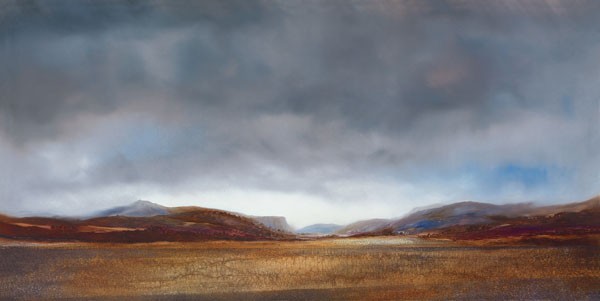 Peter Dworok, HILLSIDE VISTA II (Landschaften,  Berge, Gebirge, Wolken, Dunst, Horizont, Malerei, Wohnzimmer, Treppenhaus, Wunschgröße, bunt)