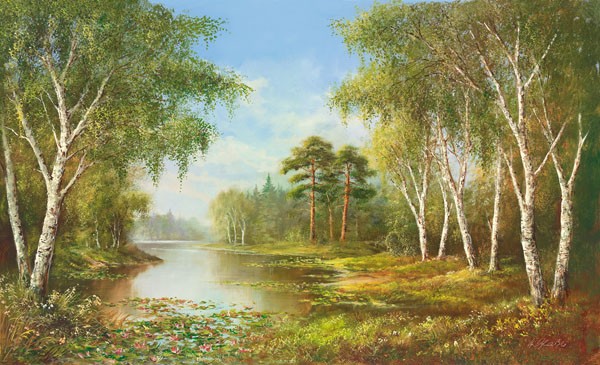 Helmut Glassl, SECLUDED POND (Malerei, Landschaften, Natur,    Birken, Fluss, Quelle, Einsamkeit, Idylle, Ruhe, Bäume, Nostalgie, Wohnzimmer, Treppenhaus, Wunschgröße, bunt)