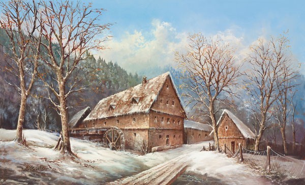 Helmut Glassl, ROMANTIC MILL IN WINTER (Malerei, Mühle, Wassermühle, Winter, Landschaften, Natur, Wald, Idylle, Ruhe, Bäume, Wunschgröße, Wohnzimmer, Treppenhaus, bunt)