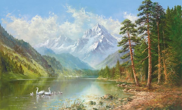 Helmut Glassl, SWAN FAMILY IN SPRINGTIME (Malerei, Landschaften, Natur,    Wald, Berge, See, Schwäne, Einsamkeit, Idylle, Ruhe, Bäume, Nostalgie, Wohnzimmer, Treppenhaus, Wunschgröße, bunt)