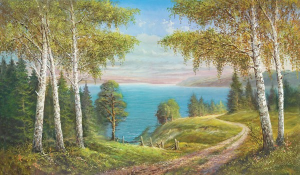 Helmut Glassl, BIRCHES AT THE LAKE I (Malerei, Landschaften, Natur,    Birken, See, Wanderweg, Pfad, Einsamkeit, Idylle, Ruhe, Bäume, Nostalgie, Wohnzimmer, Treppenhaus, Wunschgröße, bunt)