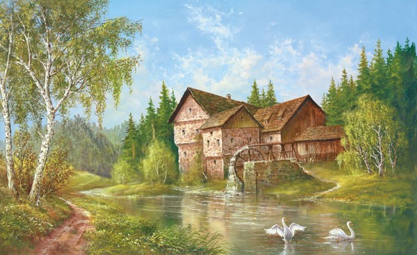 Helmut Glassl, 004941ITH SWANS (Malerei, Mühle, Wassermühle, Fluss, Flusslandschaft, Landschaften, Natur, Wald, Idylle, Ruhe, Bäume, Schwäne, Wunschgröße, Wohnzimmer, Treppenhaus, bunt)