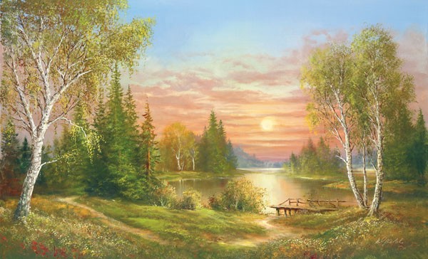 Helmut Glassl, GORGEOUS SUNSET (Malerei, Landschaften, Natur, Wald, See Sonnenuntergang, Birken, Idylle, Ruhe, Bäume, Wohnzimmer, Treppenhaus, Wunschgröße, bunt)