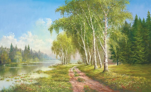 Helmut Glassl, PATH AT THE LAKE (Malerei, Landschaften, Natur, Wald, See, Birken, Idylle, Wanderweg, Ruhe, Bäume, Nostalgie, Wohnzimmer, Treppenhaus, Wunschgröße, bunt)