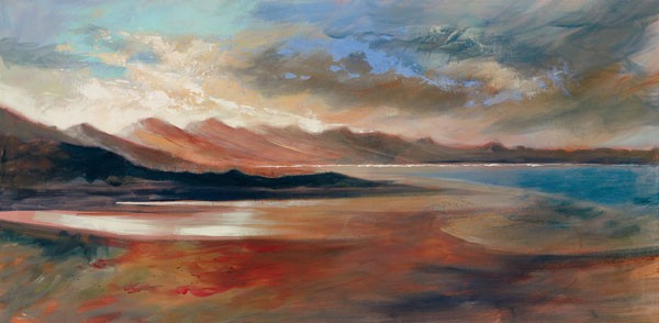 Farrall Doyle, EVENING VISTA I (Landschaft, See, Berge, Küste,  Sonnenuntergang, Dämmerung,  Wohnzimmer,  Arztpraxis, Malerei, Wunschgröße, bunt)