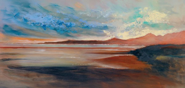 Farrall Doyle, EVENING VISTA II (Landschaft, See, Berge, Küste,  Sonnenuntergang, Dämmerung,  Wohnzimmer,  Arztpraxis, Malerei, Wunschgröße, bunt)