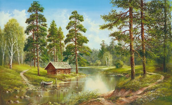 Helmut Glassl, IDEAL RETREAT (Malerei, Landschaften, Natur, Wald, Fluss, Hütte, Idylle, Wanderweg, Ruhe, Bäume, Nostalgie, Wohnzimmer, Treppenhaus, Wunschgröße, bunt)