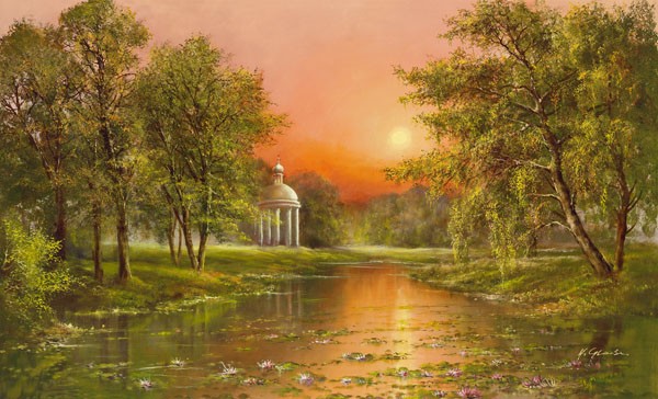 Helmut Glassl, SUNSET UPON ARBOUR (Malerei, Landschaften, Natur, Wald, Fluss, Sonnenuntergang, Idylle, Wanderweg, Ruhe, Bäume, Nostalgie, Wohnzimmer, Treppenhaus, Wunschgröße, bunt)