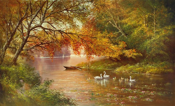 Helmut Glassl, SWAN FAMILY IN AUTUMN (Malerei, Landschaften, Natur, Wald, See, Fluss, Idylle, Schwäne, Herbst, Ruhe, Bäume, Nostalgie, Wohnzimmer, Treppenhaus, Wunschgröße, bunt)