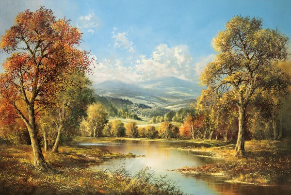 Helmut Glassl, WEIHER IN NORDBÖHMEN (Malerei, Landschaften, Natur,    See, Hügel, Einsamkeit, Idylle, Ruhe, Bäume, Nostalgie, Wohnzimmer, Treppenhaus, Wunschgröße, bunt)