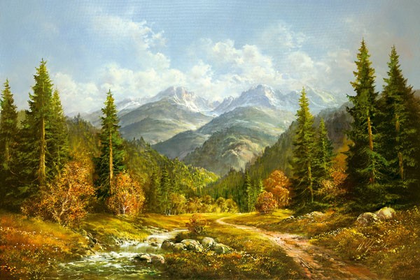 Helmut Glassl, WALDBACH IN DER TATRA (Malerei, Landschaften, Natur, Bach, Hügel, Berge, Panorama, Idylle, Wanderweg, Wald, Ruhe, Bäume, Nostalgie, Wohnzimmer, Treppenhaus, Wunschgröße, bunt)