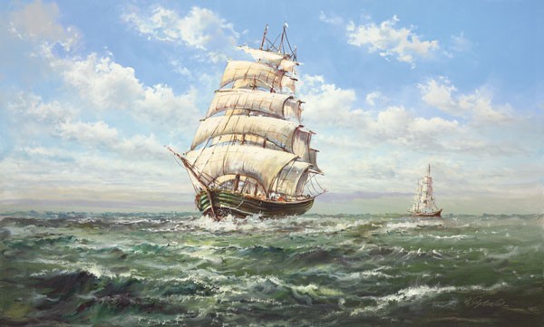 Helmut Glassl, FULL SPEED AHEAD II (Malerei, Meeresbrise, Natur,  See, Segelboot, Viermaster,  Seegang, Boot, Meer, Wasser,  Wohnzimmer, Treppenhaus, Wunschgröße, bunt)