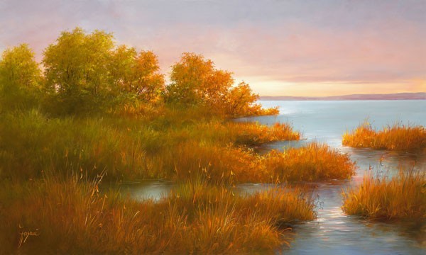 Fasani, MISTY LAKE II (Landschaft, Landschaftsmalerei, See, Sonnenuntergang, mystisch, Natur, Idylle, Stille, Malerei, Wunschgröße, bunt)