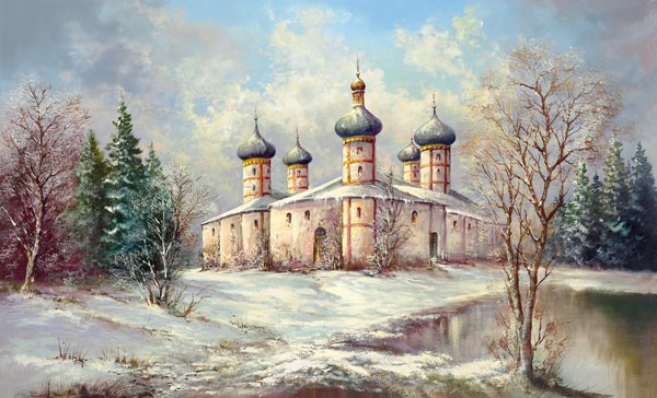 Helmut Glassl, WINTER IN SAMARA (Malerei, Landschaften, Natur,  Russland, Kloster,  Zwiebeltürmchen, romantisch, See, Winter, Idylle, Ruhe, Bäume, Einsamkeit, Wohnzimmer, Treppenhaus, Wunschgröße, bunt)