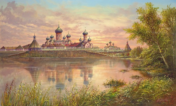 Helmut Glassl, MONASTERY NEAR KAZAN (Malerei, Landschaften, Natur,  Russland, Kloster, Nostalgie,   Zwiebeltürmchen, romantisch, See, Sonnenuntergang, Idylle, Ruhe, Bäume, Einsamkeit, Wohnzimmer, Wunschgröße, Treppenhaus, bunt)