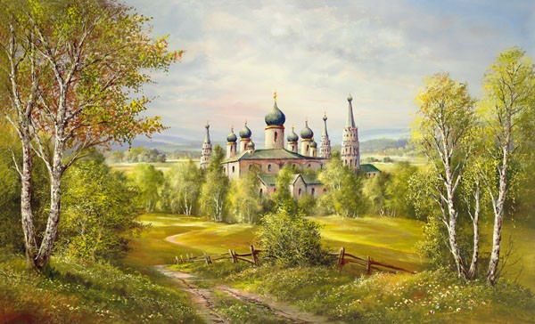 Helmut Glassl, MONASTERY NEAR KALININGRAD (Malerei, Landschaften, Natur,  Russland, Kloster,  Zwiebeltürmchen, romantisch, See, Frühling, Idylle, Ruhe, Bäume, Einsamkeit, Wohnzimmer, Treppenhaus, Wunschgröße, bunt)
