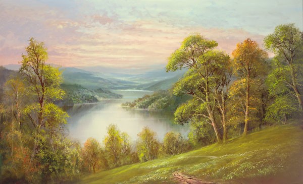 Helmut Glassl, DISTANT VIEW (Malerei, Landschaften, Natur,     Fluss, Wanderweg, Pfad, Panorama, Einsamkeit, Idylle, Ruhe, Bäume, Nostalgie, Wohnzimmer, Treppenhaus, Wunschgröße, bunt)