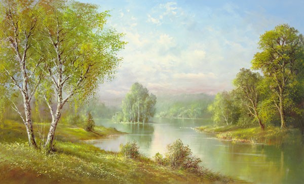 Helmut Glassl, SILENT WATERS (Malerei, Landschaften, Natur,    Birken, Fluss, Einsamkeit, Idylle, Ruhe, Bäume, Nostalgie, Wohnzimmer, Treppenhaus, Wunschgröße, bunt)