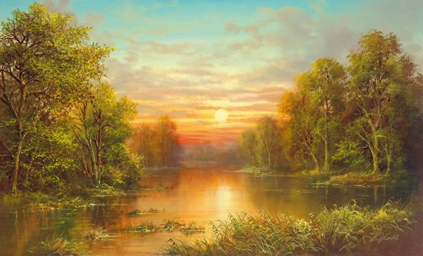 Helmut Glassl, SUNSET (Malerei, Landschaften, Natur,    See, Sonnenuntergang, Spiegelungen, Einsamkeit, Idylle, Ruhe, Bäume, Nostalgie, Wohnzimmer, Treppenhaus, Wunschgröße, bunt)