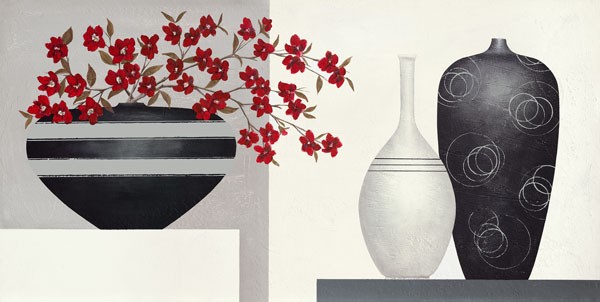 David Sedalia, SPIRIT OF RED I (Stillleben, Eleganz, edel, Töpfe, Vasen, Zweige, rote Blüten, klare Formen, Wohnzimmer, Esszimmer, Treppenhaus, Wunschgröße,)