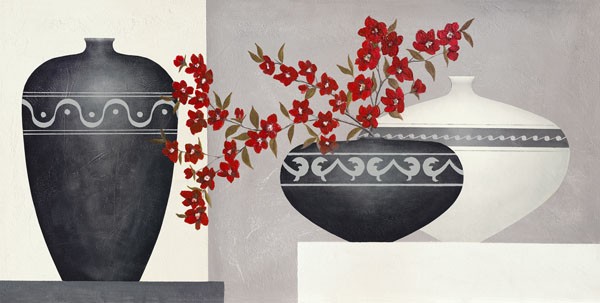 David Sedalia, SPIRIT OF RED II (Stillleben, Eleganz, edel, Töpfe, Vasen, Zweige, rote Blüten, klare Formen, Wohnzimmer, Esszimmer, Treppenhaus, Wunschgröße,)