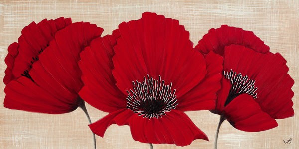 Kaye Lake, LINEN POPPIES I (Blume, Blüten, Mohnblüten, Botanik, Natur, Wohnzimmer, Treppenhaus, Schlafzimmer, Malerei, Wunschgröße, Zeitgenössisch, rot)