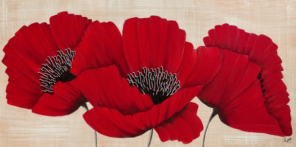 Kaye Lake, LINEN POPPIES II (Blume, Blüten, Mohnblüten, Botanik, Natur, Wohnzimmer, Treppenhaus, Schlafzimmer, Malerei, Wunschgröße, Zeitgenössisch, rot)