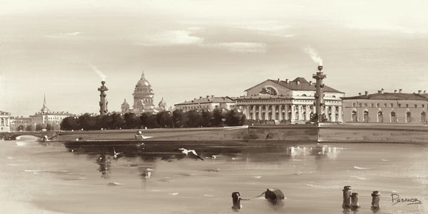 Ryazanov, STRELKA, TIP OF WASSILI ISLAND, ST. PETERSBURG (Photografie, Fotokunst, St. Petersburg, Fluss, Newa, Insel,  Städte, Architektur, Gebäude, Wohnzimmer, Wunschgröße, schwarz/weiß)