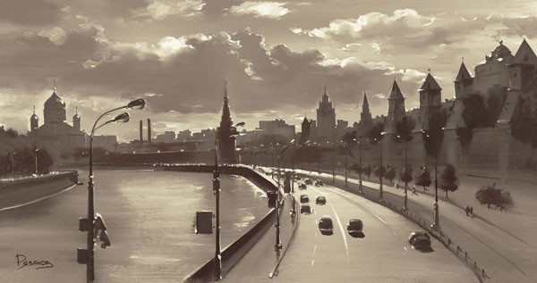 Ryazanov, THE MOSCOW KREMLIN RIVER WALK (Photografie, Fotokunst, Moskau, Kreml, Türme, Fluss, Wolga, Städte, Architektur, Gebäude, Wohnzimmer, Wunschgröße, schwarz/weiß)