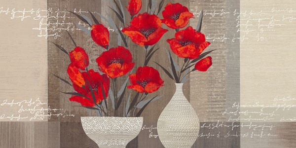 Christina, CRIMSON BEAUTY II (Blumen, Blüten, Blumenvasen, Stillleben, Schriftzug, modern, dekorativ, Treppenhaus,  Wohnzimmer, Wunschgröße, Malerei, rot/beige)