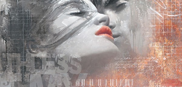 Enrico Sestillo, THE KISS (Modern, Malerei, Fotorealismus, People & Eros, Paar, Erotik, Liebespaar, Der Kuss, Liebe, Portraits, Schlafzimmer, Wohnzimmer, Wunschgröße, schwarz / weiß / rot)
