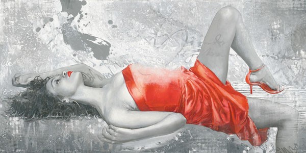 Enrico Sestillo, LADY IN RED (Modern, Malerei, People & Eros, lasziv, liegende Frau, rotes Kleid, Erotik, Schlafzimmer, Wohnzimmer, Wunschgröße, schwarz / weiß / rot)