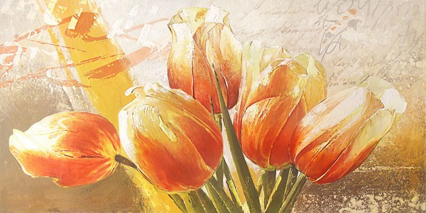 Enrico Sestillo, ORANGE TULIPS (Modern, Malerei, Tulpen, Frühlingsblumen, Strauß, Pflanze, Blume, Blüte, Blütenblätter, Wohnzimmer, Esszimmer, Wunschgröße, bunt)