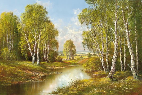 H. Buchner, BEI HRADEC KRALOVE (Landschaft, Landschaftsmalerei, Fluss, Nostalgie, Idylle, Bäume, Birken, Ruhe, Einsamkeit, Wohnzimmer, Schlafzimmer, Treppenhaus, Malerei, Wunschgröße, bunt)